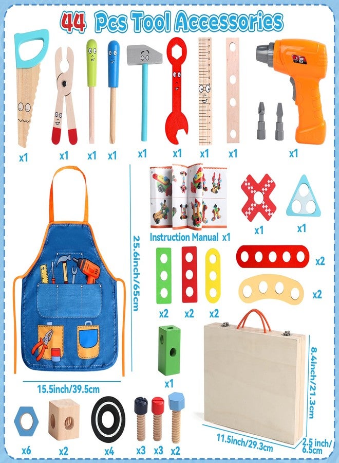 TONZE Kids Tool Set with Drill, Educational Montessori Toys for 3 Year Old Boys 44 Pcs STEM Kids Toys Wooden Toddler Tool Set with Apron & Box Birthday Gifts for 3 4 5 Year Old Boy Girl - Image 3